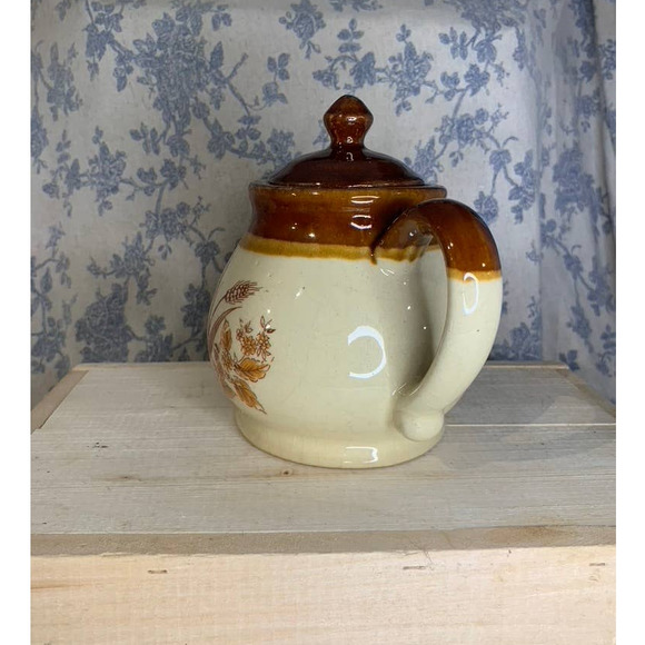 Vintage Teapot 1970s Brown Tan Country Wheat Floral Ceramic - Picture 2 of 11